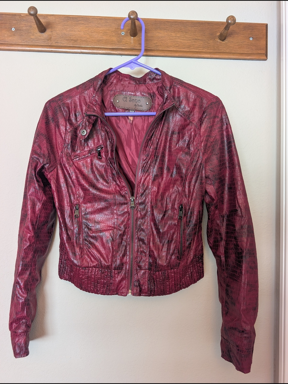 Cropped Faux Leather Jacket - Burgundy